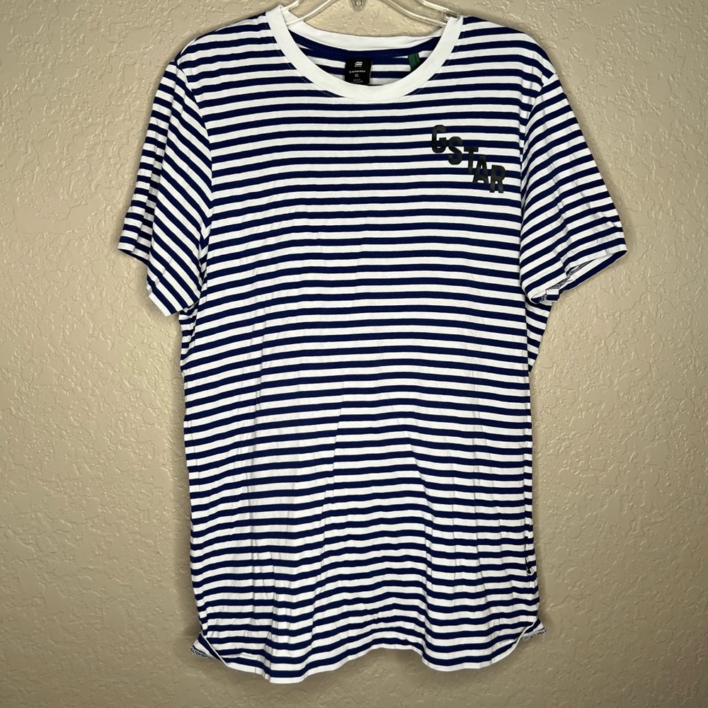GStar Raw Striped Navy Blue & White Men's Crewneck T-Shirt Sz XL Summer Vacation